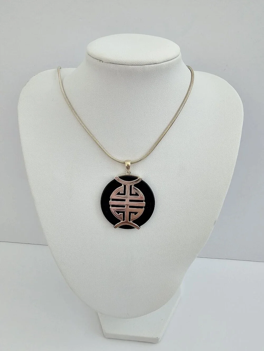 Italian Sterling Silver 925 Black Onyx Shou Character Pendant Necklace​